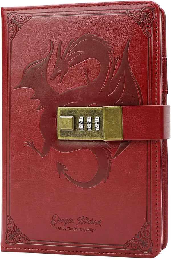 Dragon Leather Journal Notebook, Diary with Combination Lock, Lined/Blank Paper, B6 Writing Journals