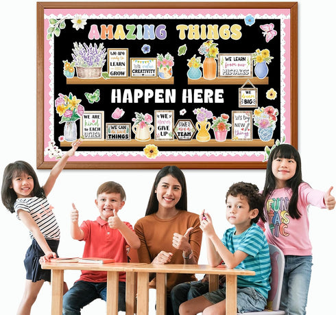 74pcs Set Spring Bulletin Board Decorations Flower Bookshelf Bulletin Board Amazing Things Happen Here Paper Cutouts