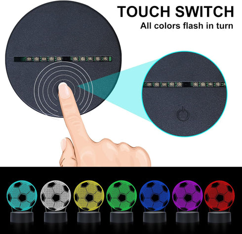 FEBDEY 3D Dimmer 7 Soccer Night Light for Kids, Illusion Night Lamp, USB LED Table Lamp Smart Touch Lights Color