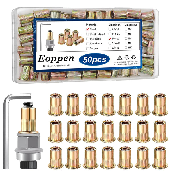 Eoppen 50Pcs 1/4-20 Rivet Nuts with Hand Rivet Nut Tool, Carbon Steel Flat