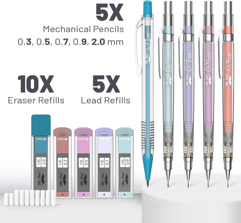 Mr. Pen- Pastel Mechanical Pencil Set with Black Lead and Eraser Refills, Clear Barrel, 0.3, 0.5, 0.7, 0.9, 2mm, Pastel Mechanical Pencils, Cute Mechanical Pencil Set, Aesthetic Mechanical Pencils by Mr. Pen