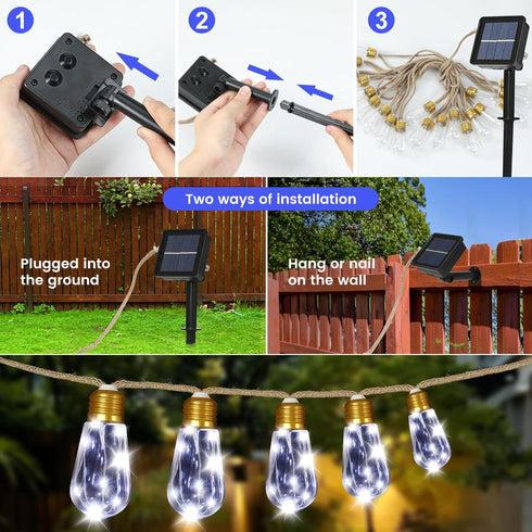 24Ft 20 Bulbs,Solar 8 Solar Outdoor String Lights Vintage Hemp Rope Solar Lights with Shatterproof Powered Patio String