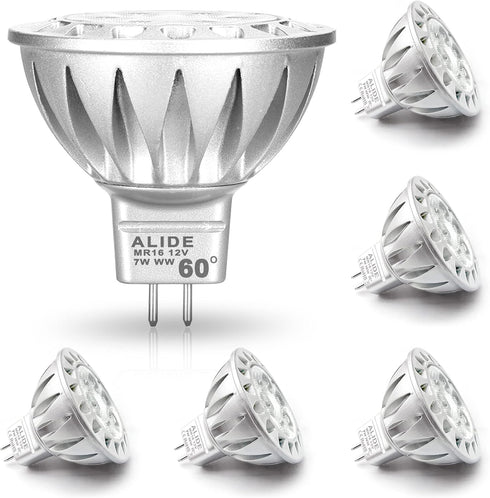 ALIDE MR16 7W 60 Degrees GU5.3 LED Bulbs, 2700K Warm White, 12V Low Voltage Spotlight, 6 Pack