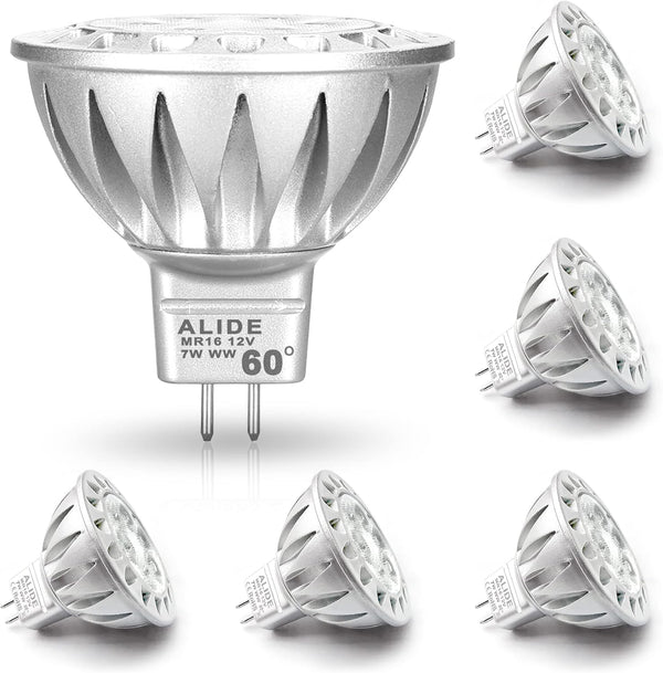 ALIDE MR16 7W 60 Degrees GU5.3 LED Bulbs, 2700K Warm White, 12V Low Voltage Spotlight, 6 Pack