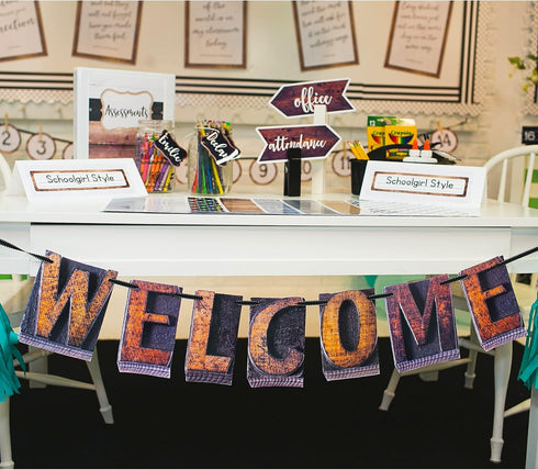 Schoolgirl Style Rustic Welcome Bulletin Board Set—Farmhouse Welcome Sign Letters, 11 pc Industrial Chic Decor