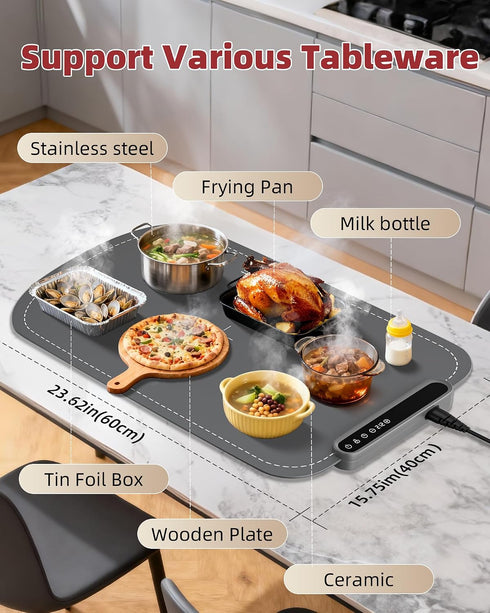 7 8 Warming Mat for Food, Upgraded Fast-Heating Electric Warming Tray with Temp Levels & Timers, Buffet Raised Feet