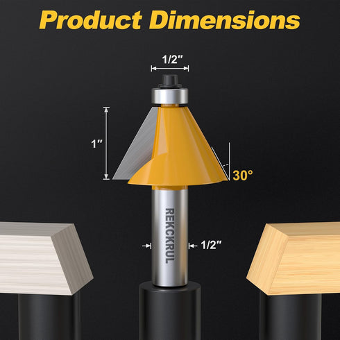 30 1/2 Inch 1 Inch Trimming Degree Chamfer Router Bit with Bearing, Shank, Cutting Length, Carbide Tipped Woodworking