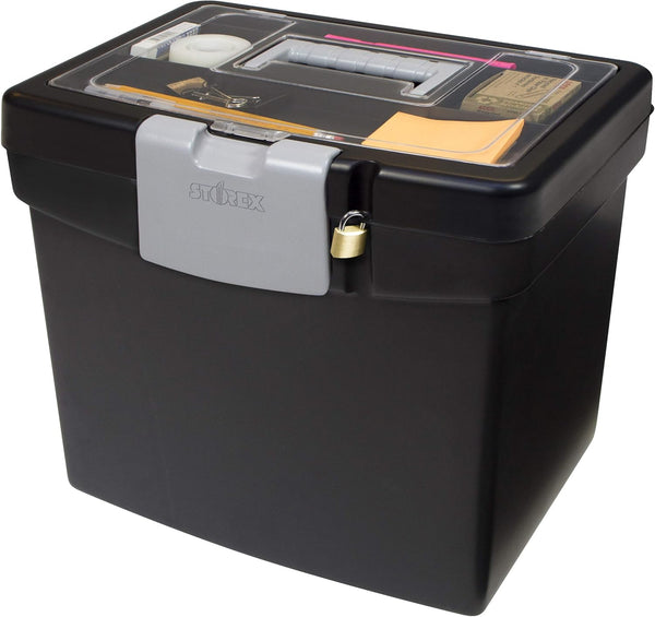 Storex Portable File Storage Box with Translucent Organizer Lid for Letter Paper, Black