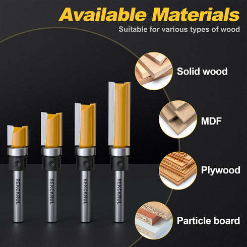 Set, 1/4 Inch Trimming, 1/2" Pattern Flush Trim Router Bits Shank Top Bearing, Carbide Tipped Woodworking Router Bits