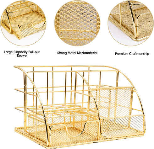 Gold Desk Organizers and Accessories Set - Office Supplies with Stapler, Pen Holder, Phone Holder, Scissors, Clips,
