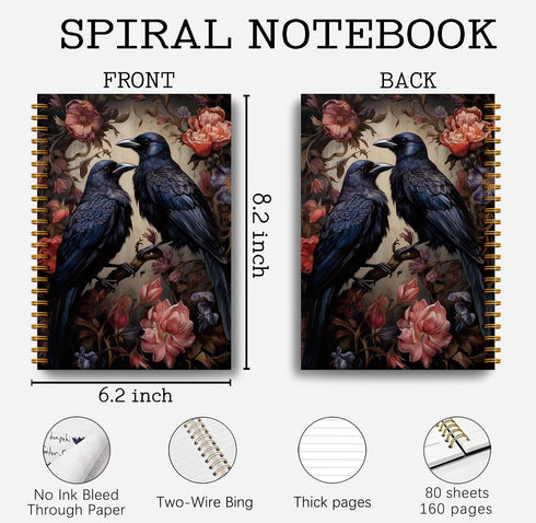 Dark Academia Floral Raven Notebook, Gothic Journal for Women, Witchy Spiral Notebook, Halloween Office Supplies