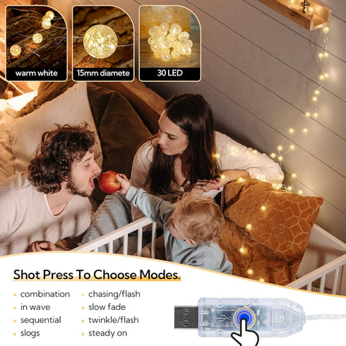 Lights,10FT 30 Lights,8 Globe String LED Decorative Christmas Modes Crystal Crackle Ball Lights,USB Twinkle Fairy