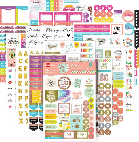 Avery 30 Sheets Planner Stickers Variety Pack, 1,656 Productivity Stickers for Planner, Journal or Calendar (6785)