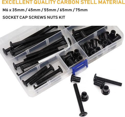 binifiMux 50pcs M6x35 /45/55/65/ 75mm Black Zinc Plated Hex Drive Socket Cap Bolts Barrel Nuts Assortment Kit, Furniture Joint Connector Bolts, Rivet Bolts Dowel Nuts, Countersunk Screw Post Fit