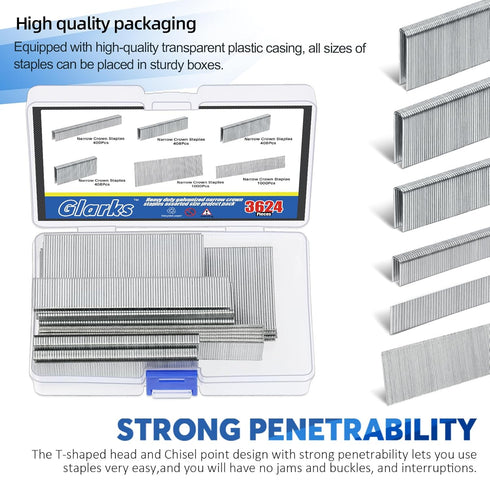 Glarks 3624Pcs 18 Gauge Narrow Crown Staples, 4 Sizes Galvanized Crown Narrow Staples Assortment Kit