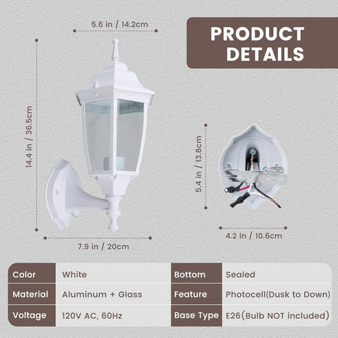 E26 (60W Photocell-Controlled Outdoor Wall Light Die-Cast Aluminum & Glass Water-Resistant Exterior Fixture, Wet