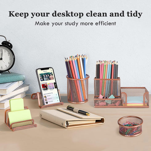 Pen Holder for Desk, 6 Pieces Mesh Desk Organizer set 3 Compartments pens holder, Mail Organizer Letter Holder Home Office Supplies Caddy Storage Baskets for Desktop Accessories(6 Pack, Rose Gold) by zqanve
