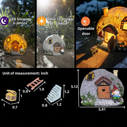 4 Fairy Garden Accessories Gnome House Pcs Kit, Solar Statues with Openable Door for Yard Lawn Patio, Resin Stone