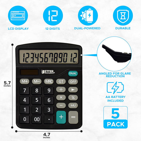 Better Office Products Large Desktop Calculators, 5 Pack, 12-Digit LCD Display, Standard Function, Black