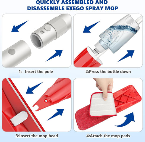 3 Commercial Spray Mops for Floor Cleaning: EXEGO Wet Mop with Washable Microfiber Pads for Swiffer Powermop - Floor
