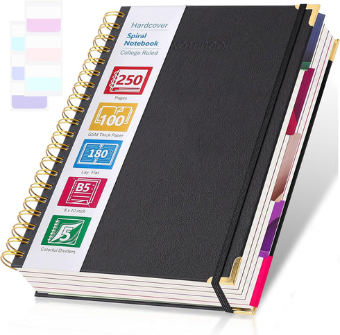 Spiral Notebook - 5 Subject College Ruled with Dividers, 250 Page Leather Notebook Journal for Work & School, B5
