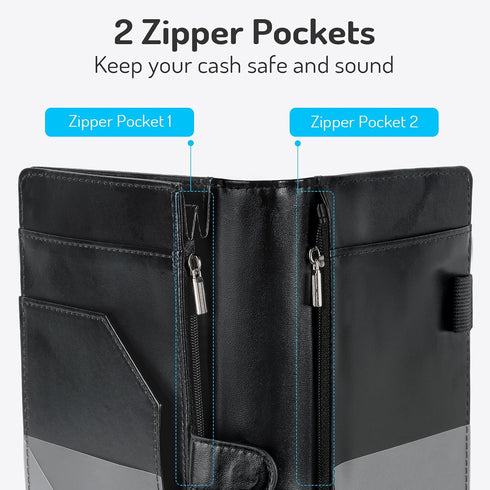 Book,5"9", 2 Server Book High Volume, Expandable Server Waitress Waiter Book, Leather Waitress Book with Zipper Pockets