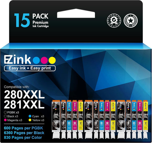 E-Z Ink Replacement Ink Cartridge for Canon PGI-280XXL CLI-281XXL (15 Pack) - Compatible with PIXMA Printers