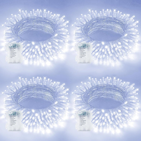 4 Pack String Lights Battery Operated with Timer, 66FT 200 LED Waterproof