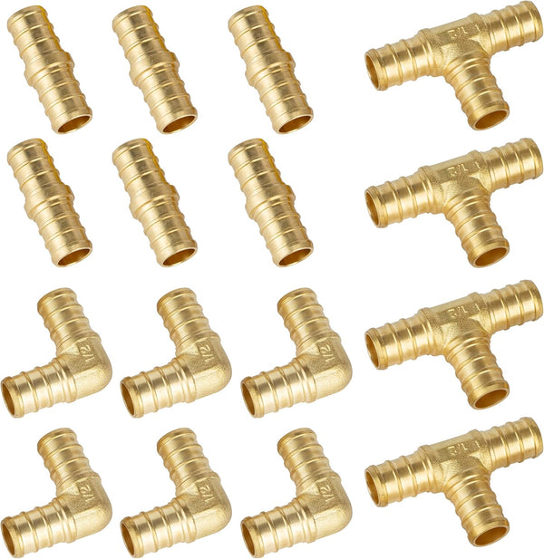 ISPINNER PEX Fittings, 1/2 inch Straight Coupling (6pcs), Degree Elbow (6pcs), PEX Tee (4pcs), Brass Barb Crimp Fittings