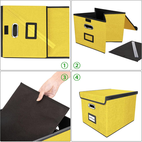 Huolewa Collapsible File Storage Organizer Box with Lid, Yellow Linen Document Storage for Letter/Legal Folders