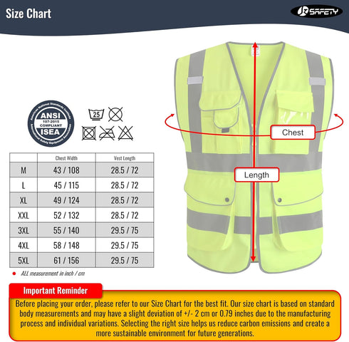 JKSafety 9 Pockets Class 2 High Visibility Zipper Front Safety Vest With Reflective Strips,Meets ANSI/ISEA Standard (Large, 150-Yellow)