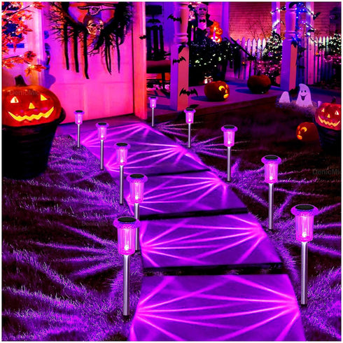 DenicMic 10 Pack Solar Lights Outdoor Waterproof Purple LED Stainless Steel Stake Outside Lights for Yard Pathway