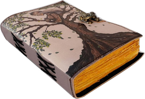 Handmade Leather Mother of Earth Journal – Tree of Life Design, Unique Printed Leather Bound Book with Lock Clasp