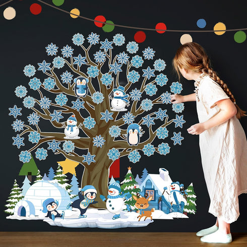 Glenmal 85 Pcs Winter Classroom Bulletin Board Decorations, Snowflake Snowman Cutouts with Glue Points for Christmas