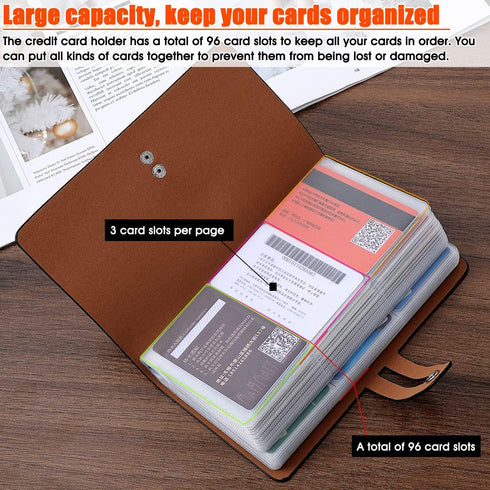 RFID Black Credit Card Holder, Leather Business Card Organizer with 96 Slots, Protector for Important Documents