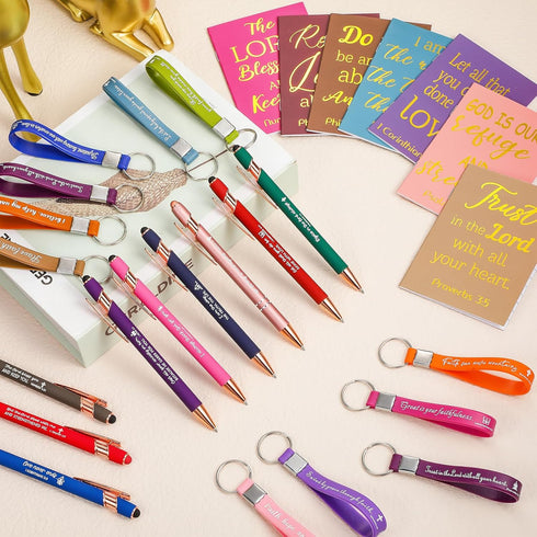Estune 72 Pcs Christian Bible Gifts Set Bulk, Inspirational Ballpoint Pens, Scripture Notebooks, Keychain