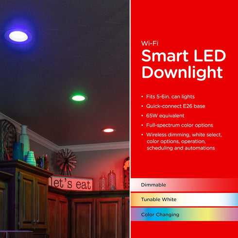 Bulb, 65W 2700K 6500K, Dimmable, 2.4GHz 51461 UltraPro Wi-Fi LED Smart Light Downlight, Equivalent, RGB, Color