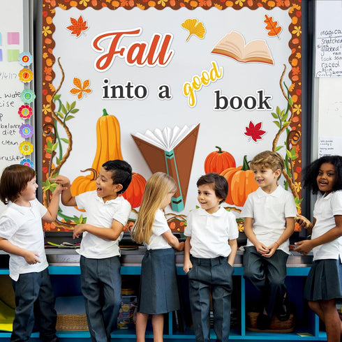 Fall into a Good Book Bulletin Board, Classroom Decorations with Pumpkin Cutouts and Autumn Maple Leaves