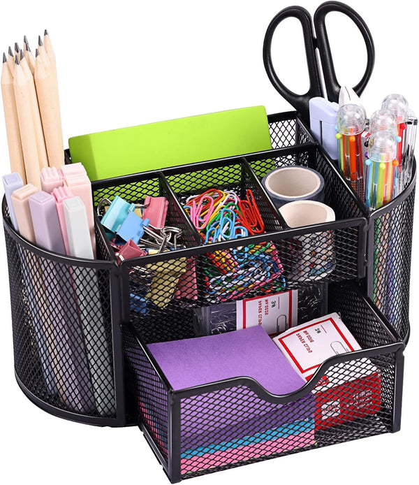 EOOUT Desk Organizer, Pencil Holder for Desk, Mesh Office Desk Accessories with 8 Compartments and 1 Drawer