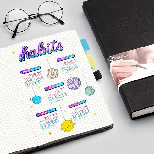 EMSHOI A5 Graph Paper Notebook, 256 Pages, Hard Cover, 120gsm Thick Paper, Smooth PU Leather, Black