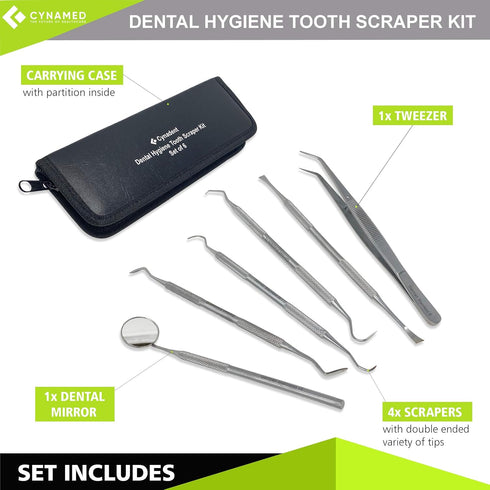 CynaMed Dental Tools Set - 6PC Stainless Steel Dental Pick, Tooth Scraper, Plaque Remover for Oral Care