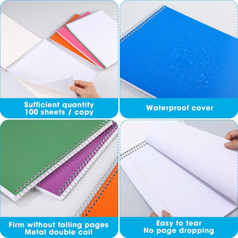 Faccito 12 Pack Spiral Notebook, Top Bound, 11" x 8-1/2", 100 Sheets College Ruled Paper, Assorted Colors