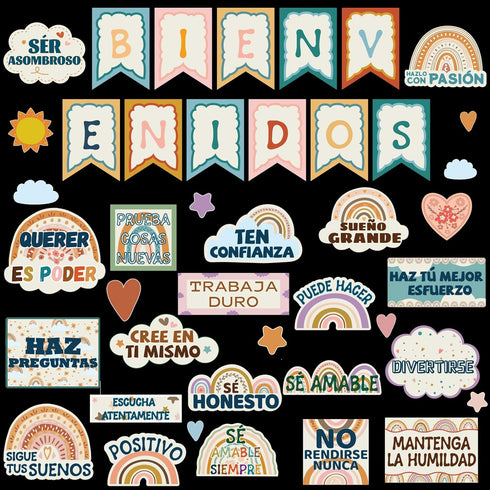 Spanish Boho Rainbow Classroom Bulletin Board Set, Motivational Decor for Teachers with Positive Inspirational Cutouts