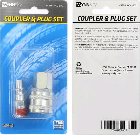 WYNNsky Air Coupler and Plug Kit, 1-pc 1/4'' FNPT ARO Style Coupler & 1-pc 1/4'' MNPT ARO Style Air Plug
