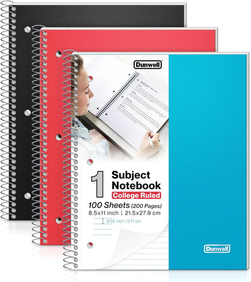 Dunwell 3-Pack 1-Subject Notebook - College Ruled, 100 Sheets (200 Pages), Red, Blue, Black Spiral Notebook 8.5 x 11