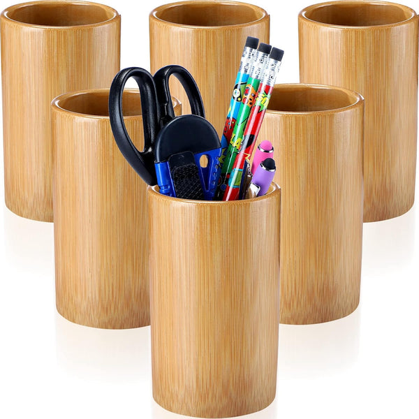 Zhehao 6 Pcs Bamboo Pen Holder, Solid Wood Desk Organizer, Multi-Purpose Pencil Cup