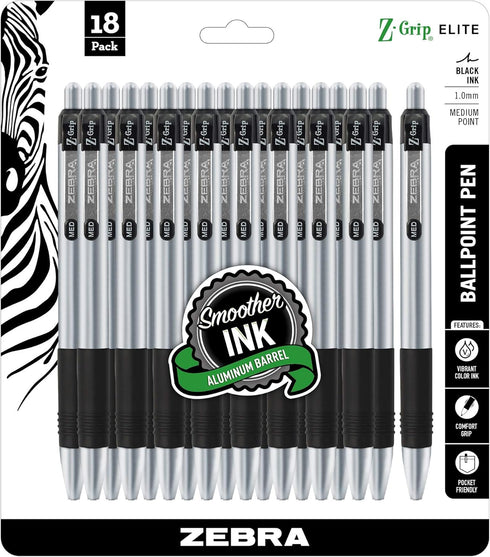 Zebra Pen Z-Grip Elite Retractable Ballpoint Pen, Metal Barrel, Medium Point 1.0mm, Black Ink, 27618, 18-Count