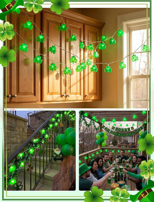 8.5Ft 10 Shamrock String Lights, St. Patrick's Day Decoration Lights with Green Lucky Grass, Plug-in Lucky Clover