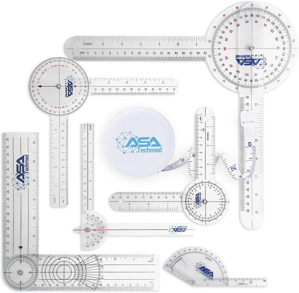 ASA TECHMED Goniometer Complete Set 6 Pieces + Body Measuring Tape for Physical Therapy, Occupational Therapy, Fitness