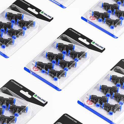 TAILONZ PNEUMATIC Blue Tee Plastic Push to Connect Fittings, 10MM Tube OD x 6MM Tube OD, Pack of 6